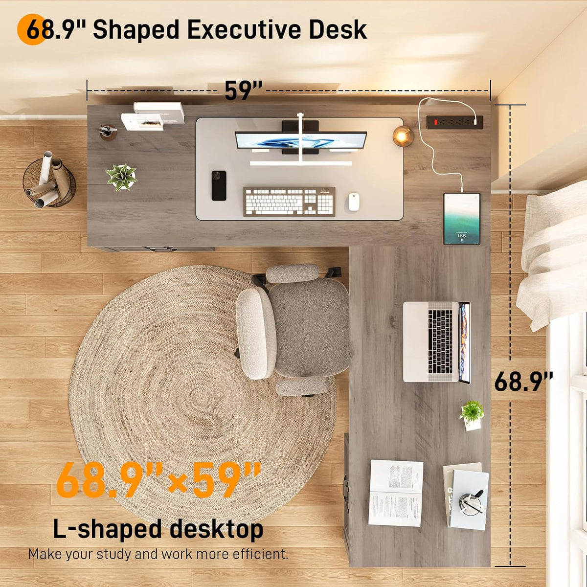 Halitaa Farmhouse Home Office Desk with 6 Drawers, L Shaped Executive Desk with Power Outlets and Triangle Under-Desk Storage Shelf & Drawer File Cabinet, Corner Computer Desk, Grey