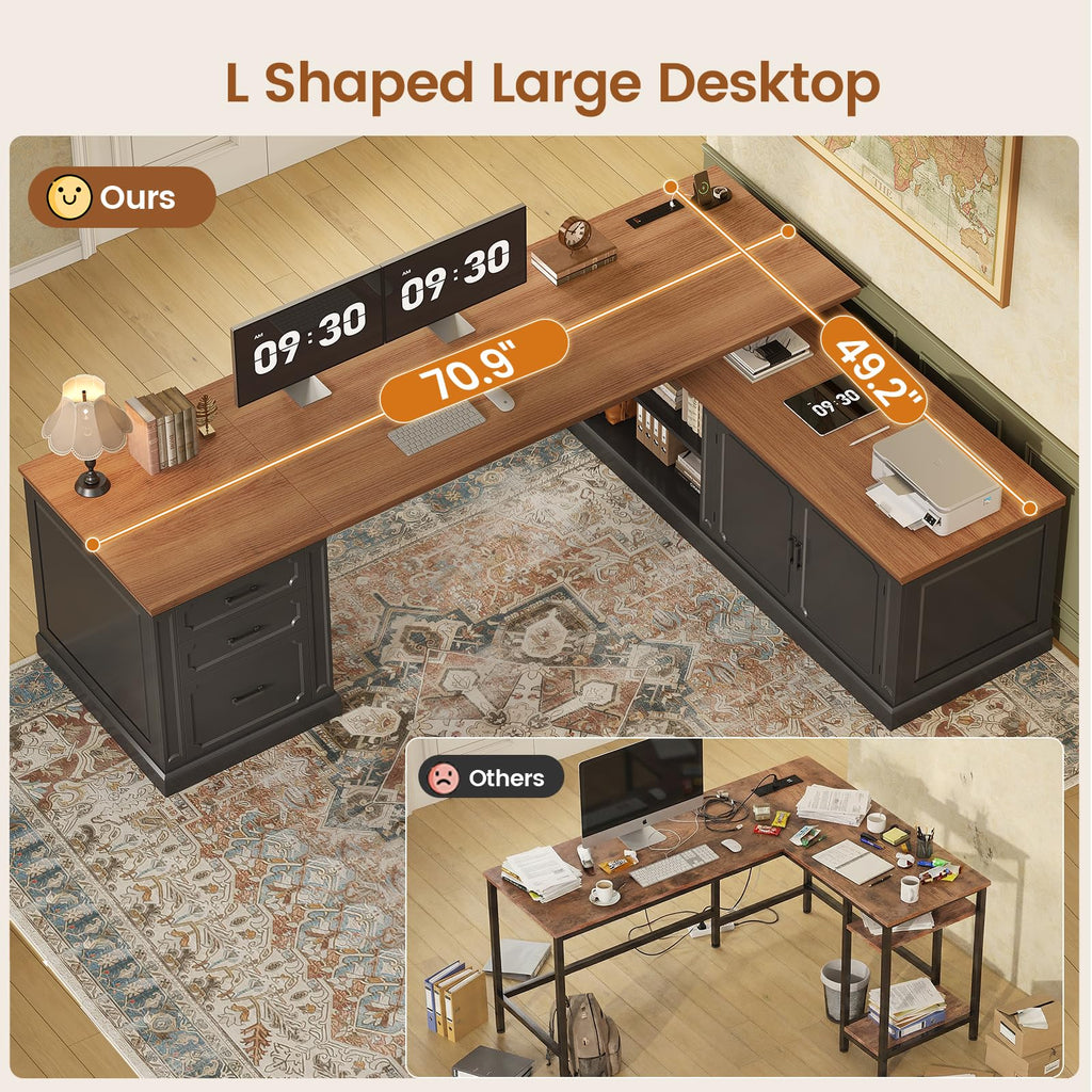 SEDETA Farmhouse 70.9" Executive Desk, Home Office Desk with File Drawers and Storage Cabinet, Computer Desk with Power Outlet for Home Office, Work Study Writing, Black+Brown