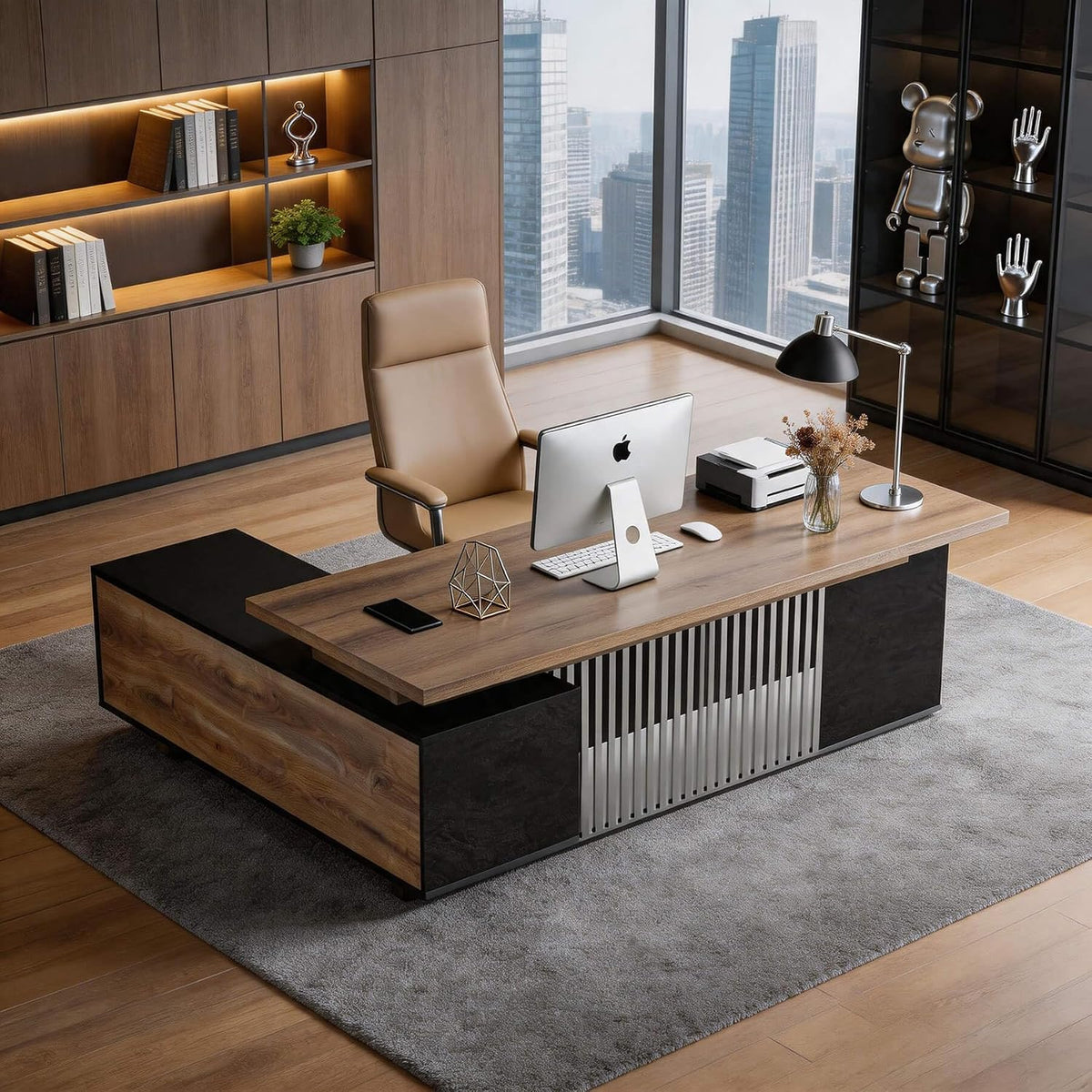 78.7 Inch Large Executive Desk with Drawers Cabinet, L Shaped Office Desk, Computer Desk with Universal Charging Ports and Cable Management for Business Furniture Set Workstation for Home Office