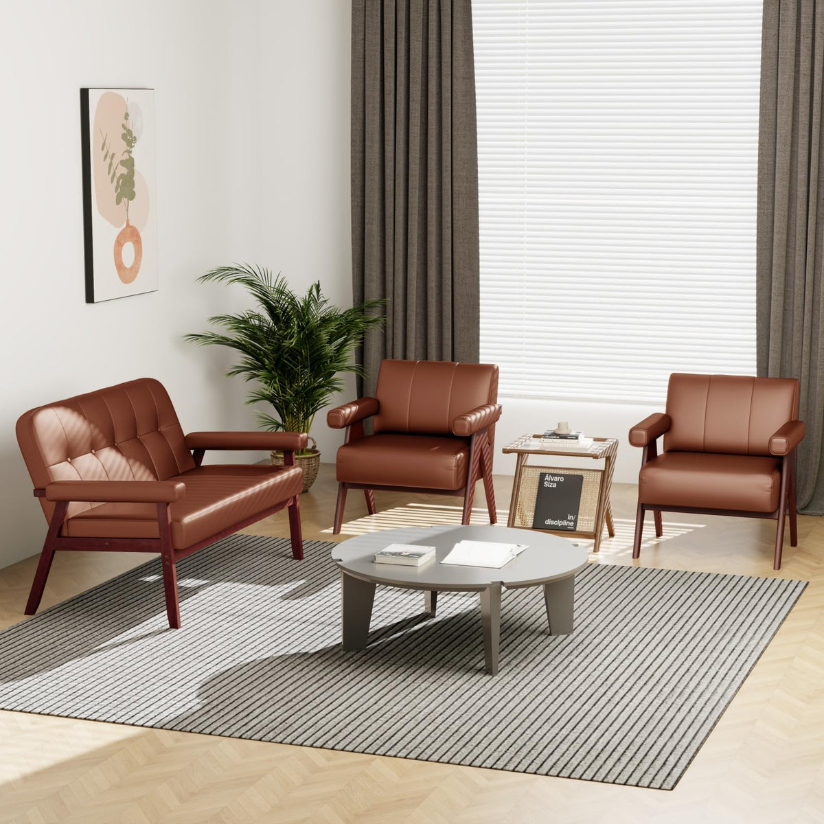STHOUYN Faux Leather Accent Chairs Set of 2, Wooden Arm Chairs (Black)