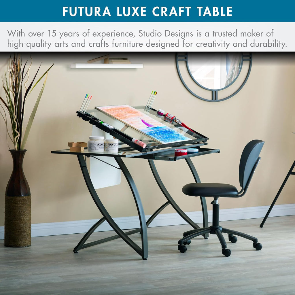 SD STUDIO DESIGNS Futura Luxe Drawing, Drafting, Craft Table with Drawer, 35" Wide Angle Adjustable Top and Side Shelf, Pewter Grey/Clear Glass