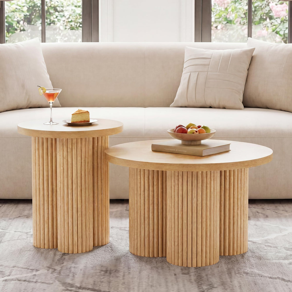 Round Nesting Coffee Table Set of 3 Fluted Coffee Table (Natural)