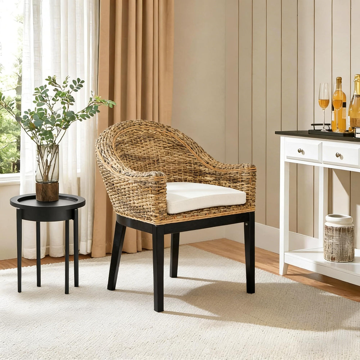 DUHOME 2 Sets Wood Rattan Arm Accent Chairs Natural Wash/White Cushion