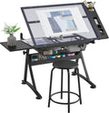 Yaheetech Adjustable Drafting Table & Stool, Tilting Glass Art Desk, Black