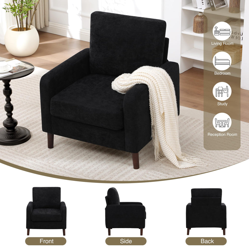 Accent Chair Set of 2, Upholstered Living Room Chairs with Wood Legs and Side Pockets, Modern Reading Chair for Bedroom, Armchair Single Sofa Side Chair for Office, Small Room, Dark Grey