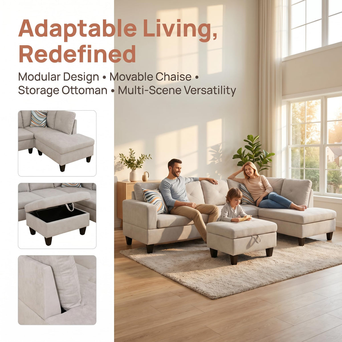 97.5" L-Shaped Modular Sectional Sofa with Movable Chaise & Storage Ottoman, 3 Piece Convertible Leather Couch, 4 Seat Gloss Black Living Room Furniture Set for Apartment Home Office