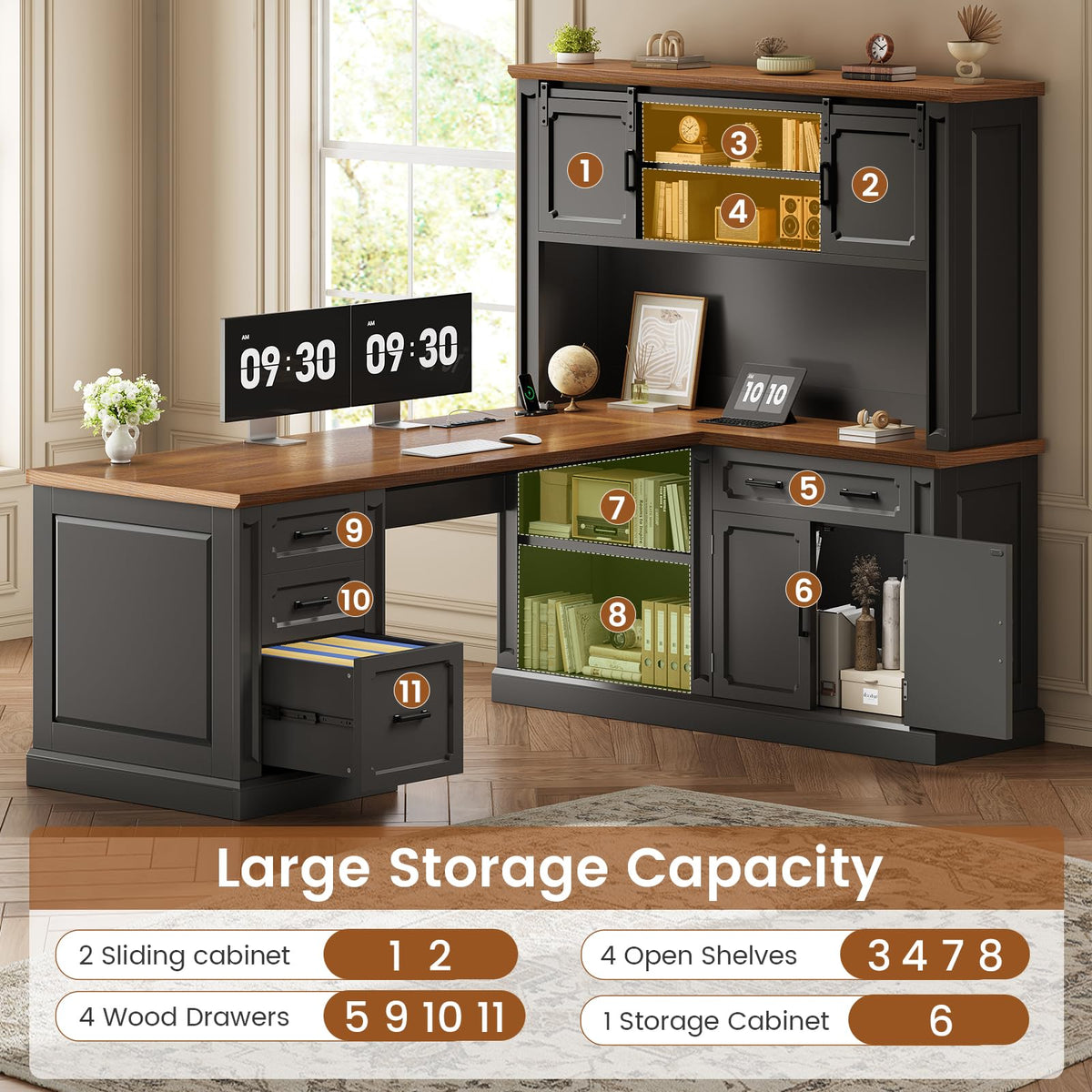 SEDETA Farmhouse 70.9" Executive Desk, Home Office Desk with File Drawers and Storage Cabinet, Computer Desk with Power Outlet for Home Office, Work Study Writing, Black+Brown