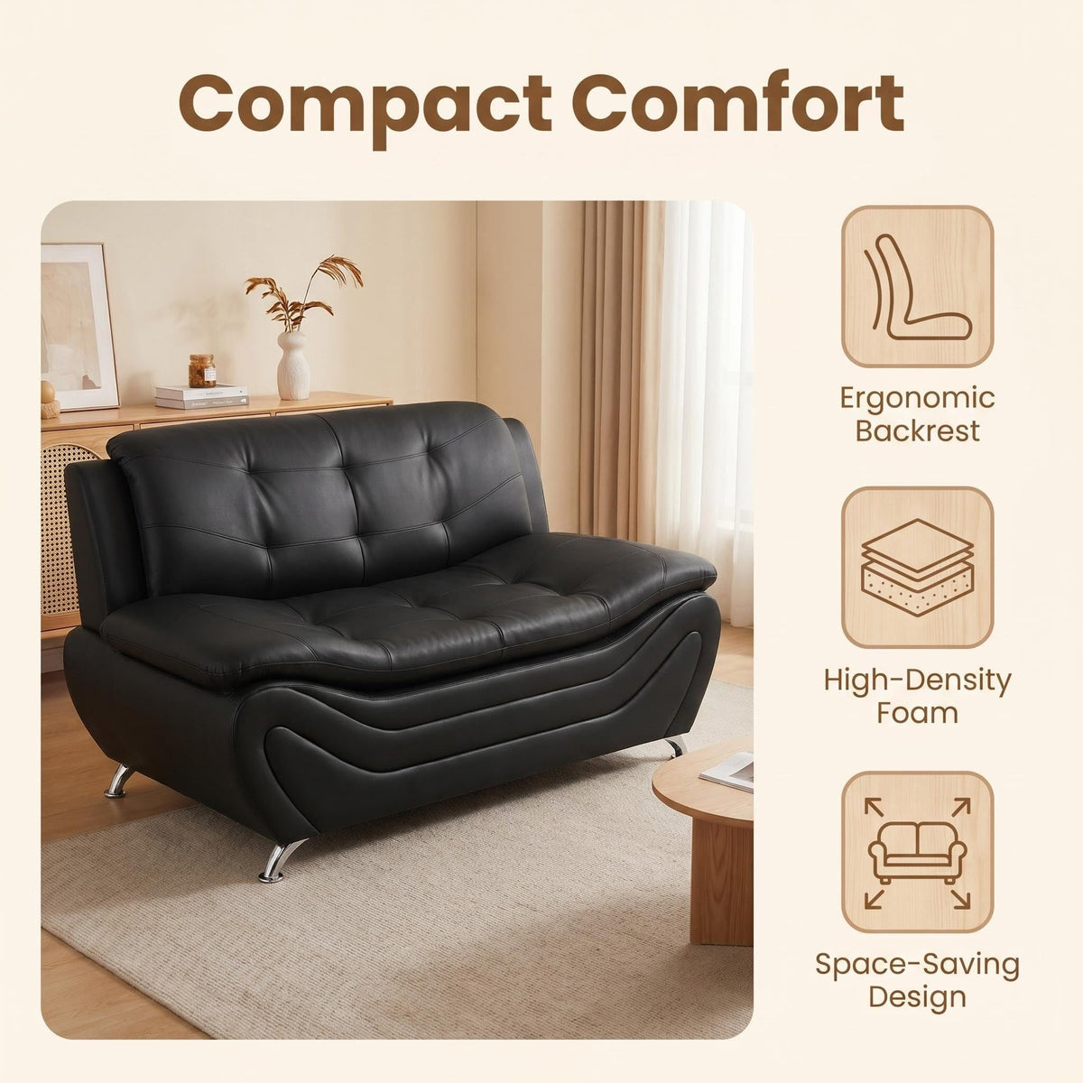 Modern Faux Leather Sofa Set â 3-Piece Living Room Couch with Chrome Legs & Padded Armrests â Includes 1-Seater, 2-Seater & 3-Seater â Contemporary Lounge Furniture for Home & Office (Brown)