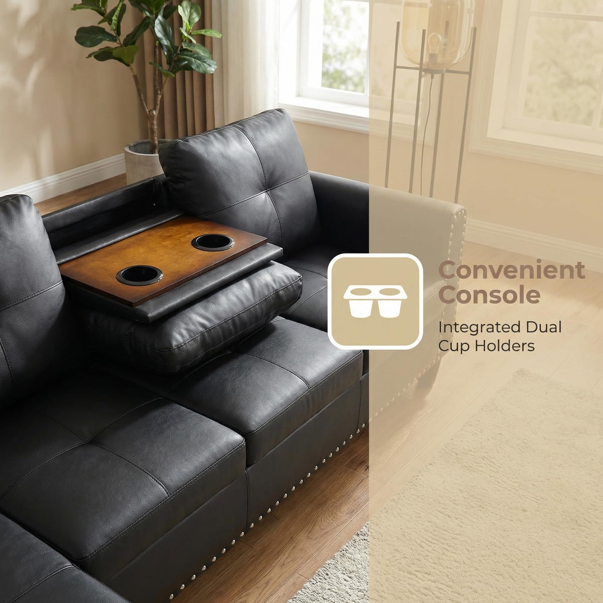 97.5" L-Shaped Modular Sectional Sofa with Movable Chaise & Storage Ottoman, 3 Piece Convertible Leather Couch, 4 Seat Gloss Black Living Room Furniture Set for Apartment Home Office