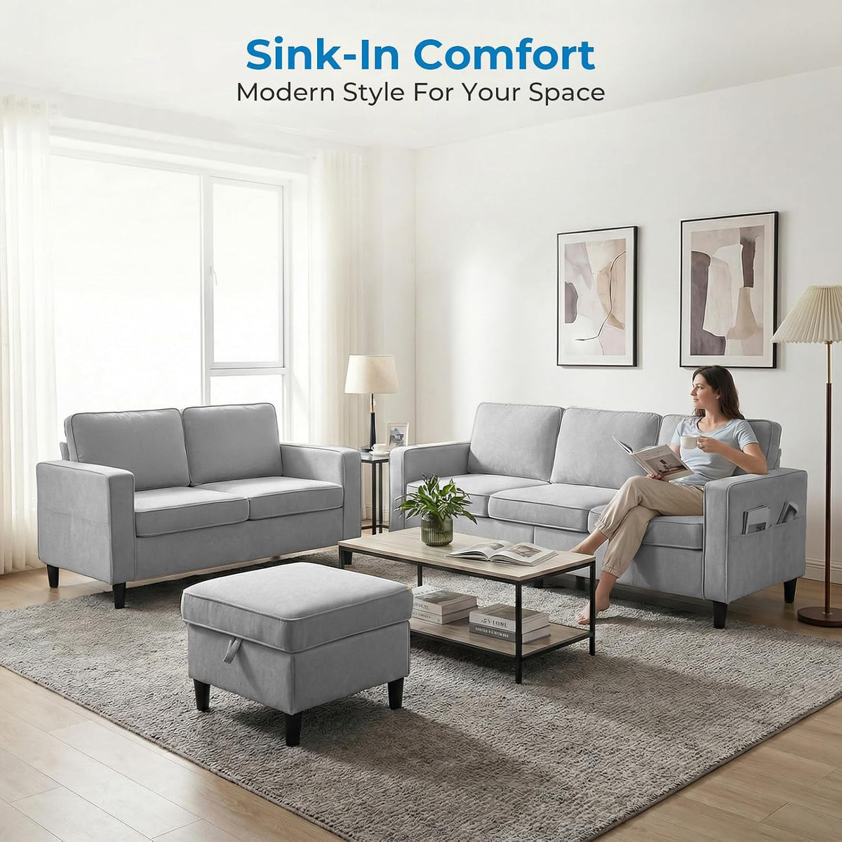 Mjkone 78"W 3 Pieces Sofa Couches Set for Living Room Sets Furniture, Sectional L Shaped 3-Seater Small Sofas Couch and Loveseat Sets with Storage Ottoman and Side Pockets for Home Office, Light Gray
