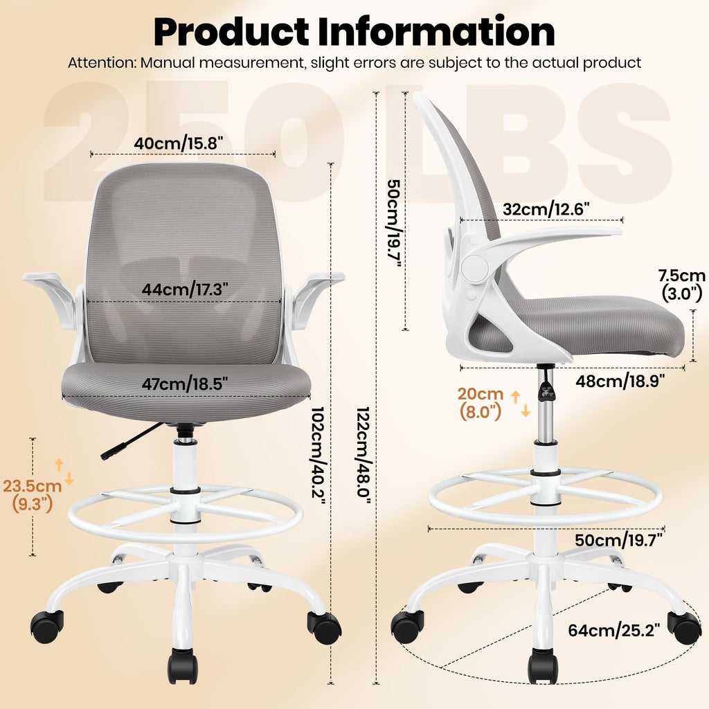 Drafting Chair Tall Office Chair with Flip-up Armrests, Adjustable Height, and Enhanced Lumbar Support - Ergonomic Rolling Stool, Back Support, and Adjustable Foot Rest Ring for Standing Desk White