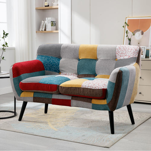 Bonzy Home Modern Colorful 2 Piece Coroful Fabric Sofa Set, Included Accent Chairs and Boho Loveseat Sofa, Linen Patchwork Plaid Couches with Rubberwood Legs and Removable Upholstered for Living Room