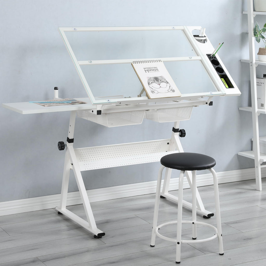 Drafting Table with Storage and Stool, Glass Art Desk for Adults Adjustable Height with 2 Metal Drawers, Craft Drawing Table Artist Desk with Extra Desktop for Reading/Writing/Studying (Black)