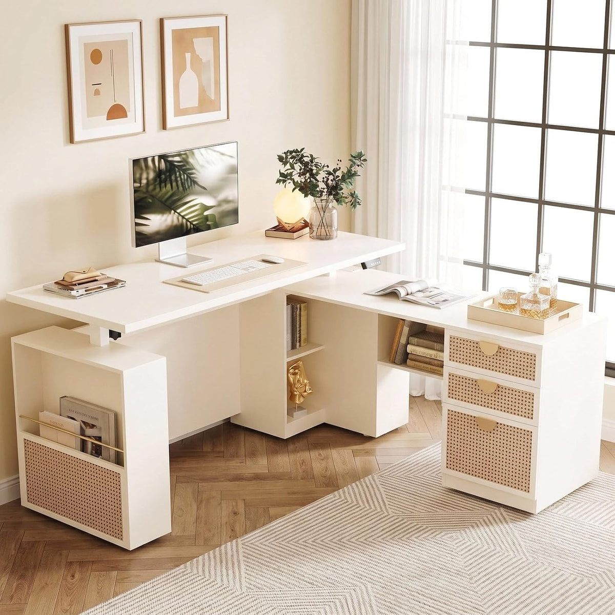 ModernMate 63" L Shaped Electric Standing Desk, Privacy Panel