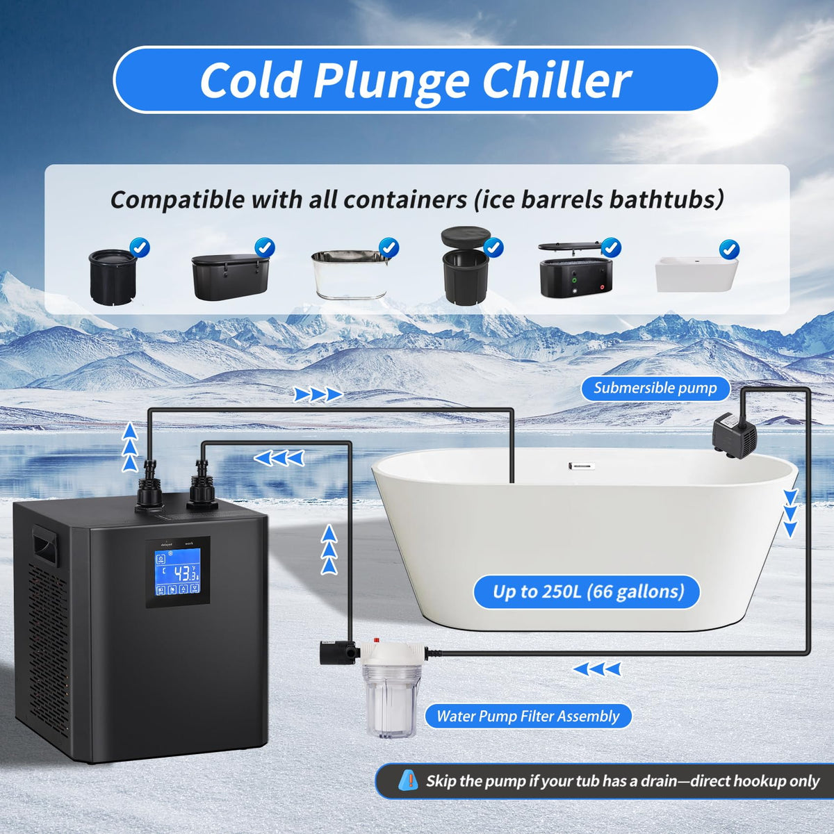 ð¼ðððððð 1/3 HP Ice Bath Water Chiller, Cold Plunge Chiller with Built-in Stainless Steel Filter & Water Pump, Water Cooling System for Cold Plunge Tubs, Easy Installation Home Professional Use