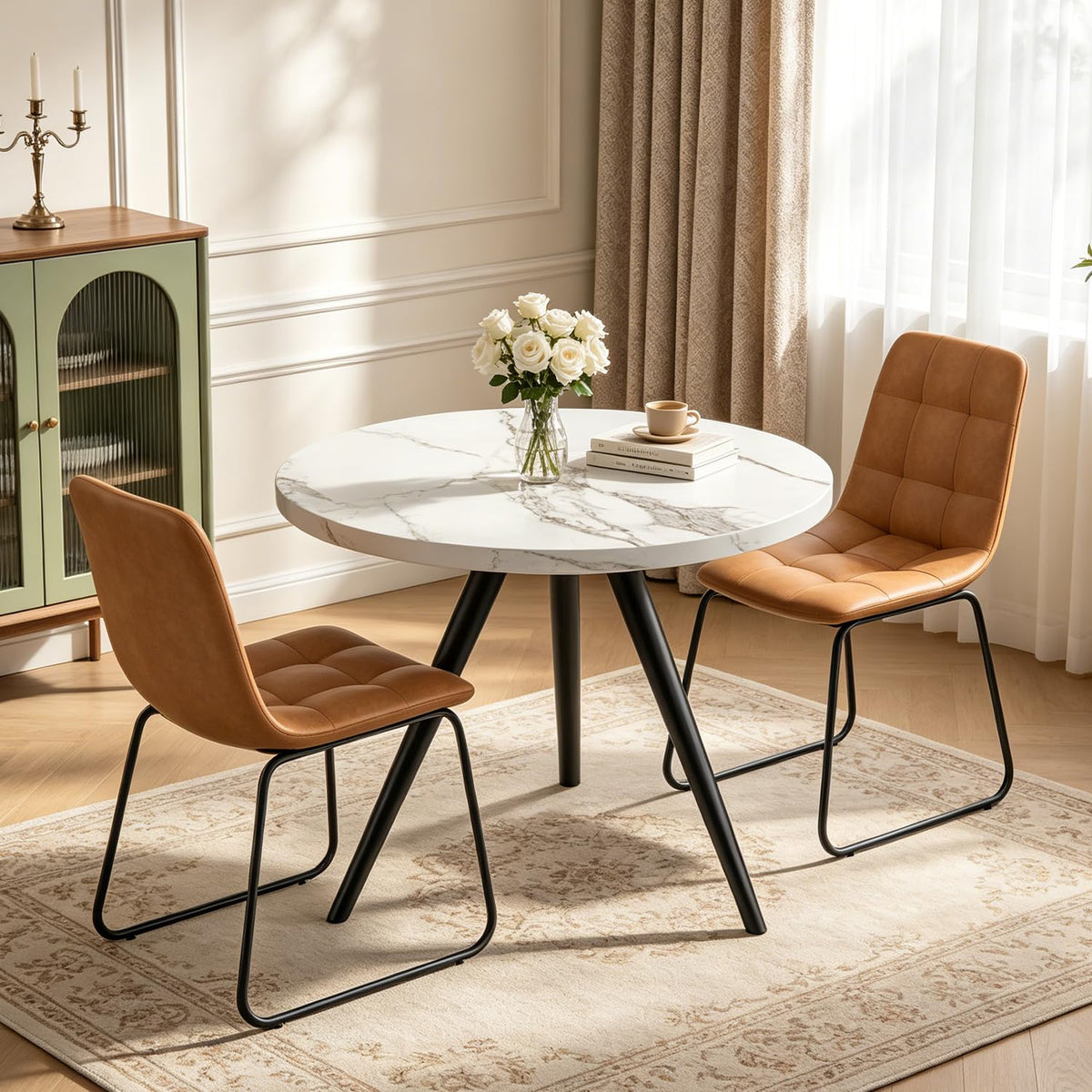34.6" Round Dining Table Set for 4, Modern Kitchen Coffee Table Set, Walnut