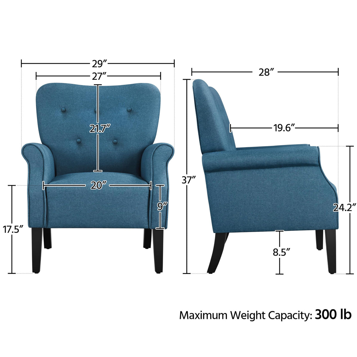 Yaheetech High Back Accent Chair Set of 2 with Rolled Arms, Navy Blue