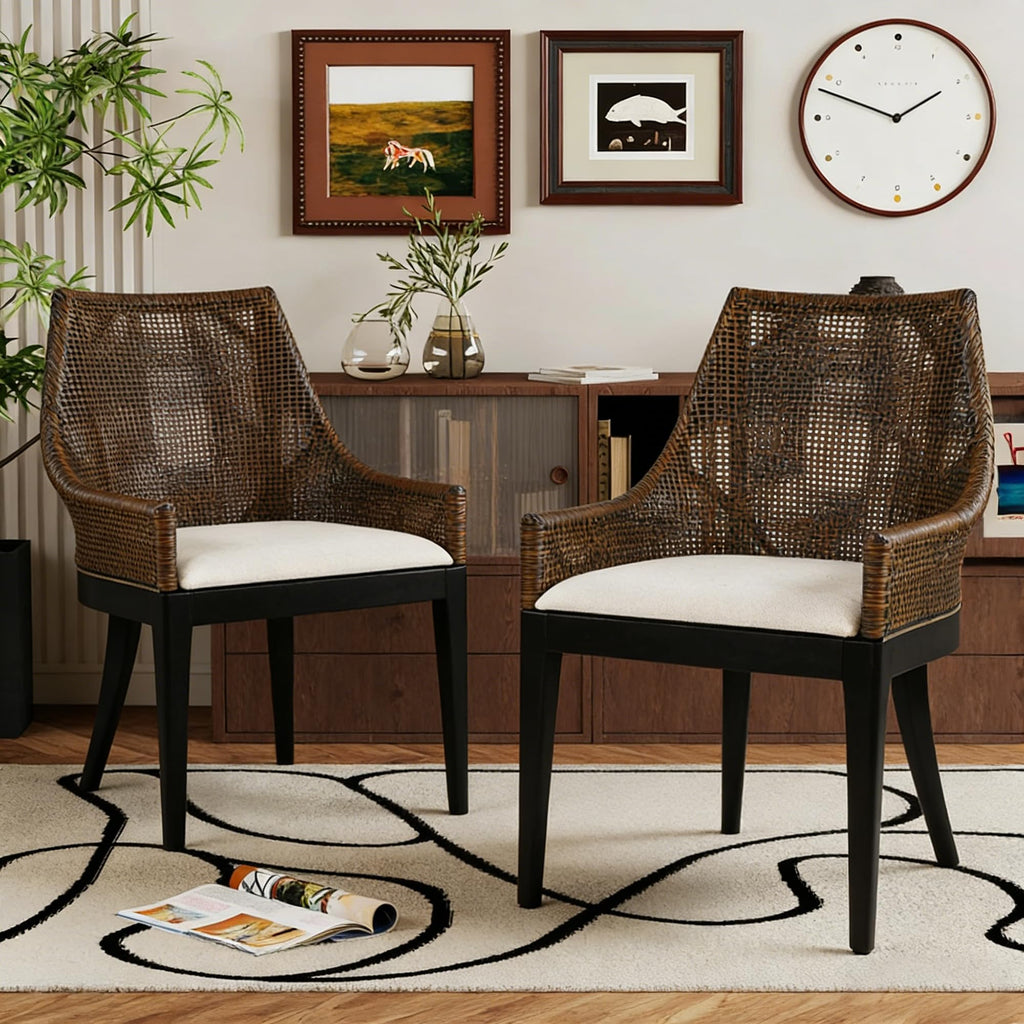DUHOME 2 Sets Wood Rattan Arm Accent Chairs Natural Wash/White Cushion
