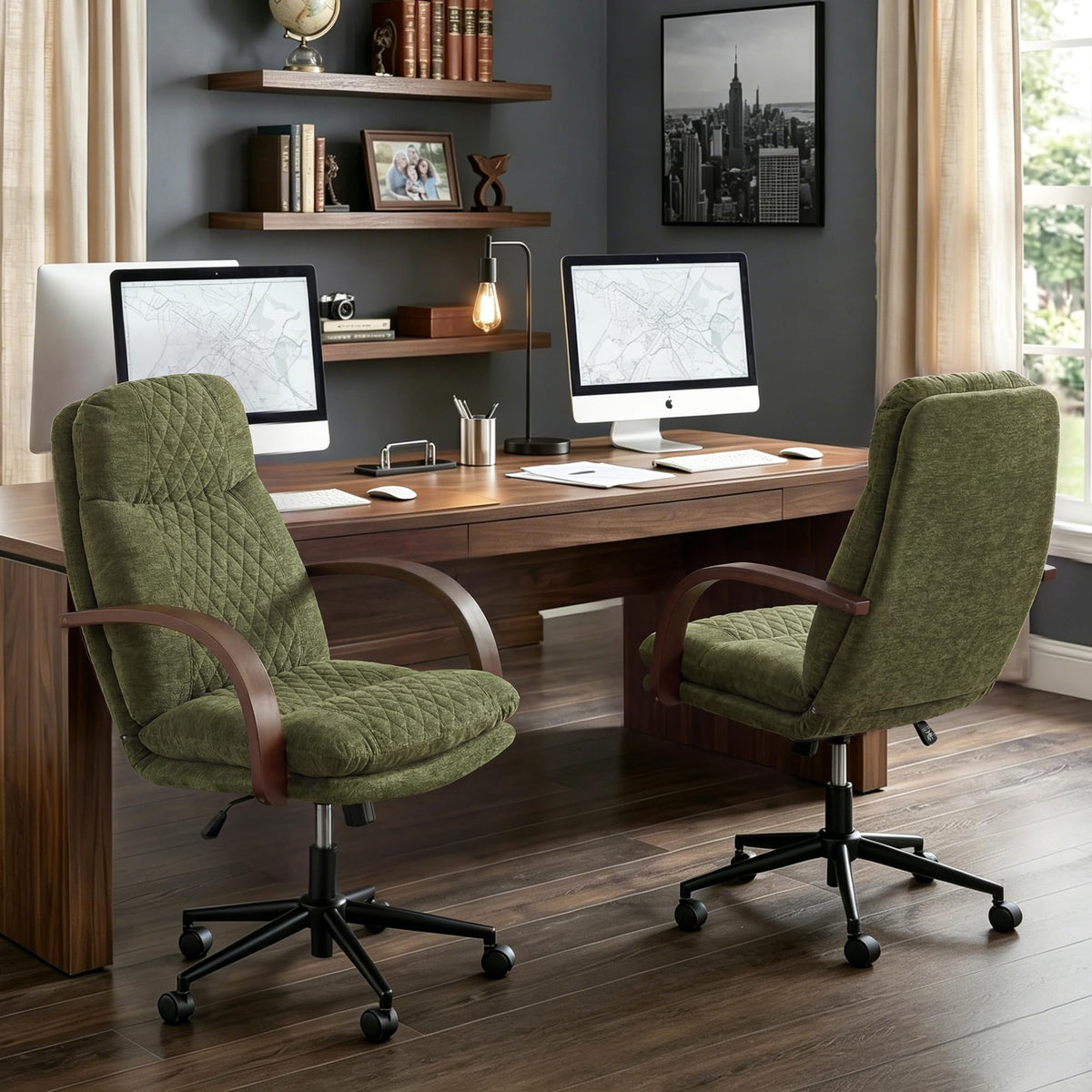 KISLOT Home Office Desk Chair, Ergonomic Office Chair with Lumbar Support, Adjustable Swivel Computer Chair with Wheels, Faux Leather Executive Task Chair with Wood Arms, Set of 2, Brown