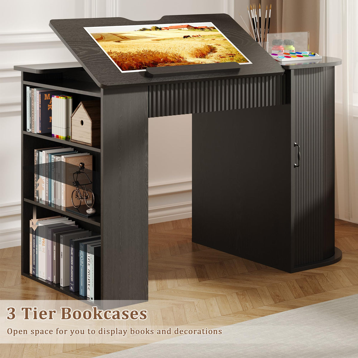 Drafting Table with Storage Cabinet & Drawers, Crafting Table with Open Shelves, Fluted Drawing Desk Computer Desk for Artists, Painters, Drawing, Crafting, Reading, Writing, Working