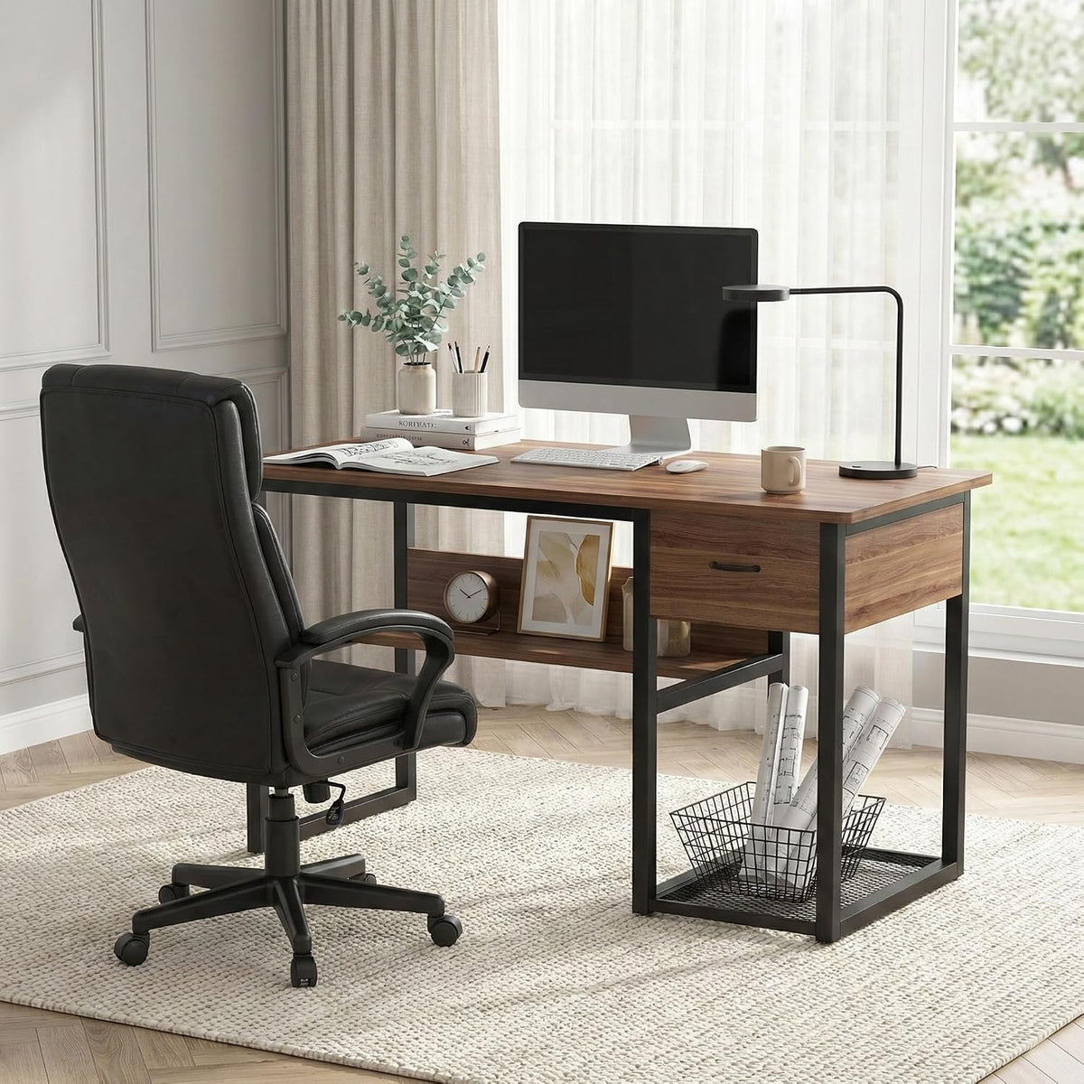 Lailang 47 Inch Computer Desk, Rectangular Office Desk, Drafting Table with Storage, Wood PC Desk, Art Desk for Adults, Small Writing Desk, 47 x 24 x 30 Inch, Walnut Black