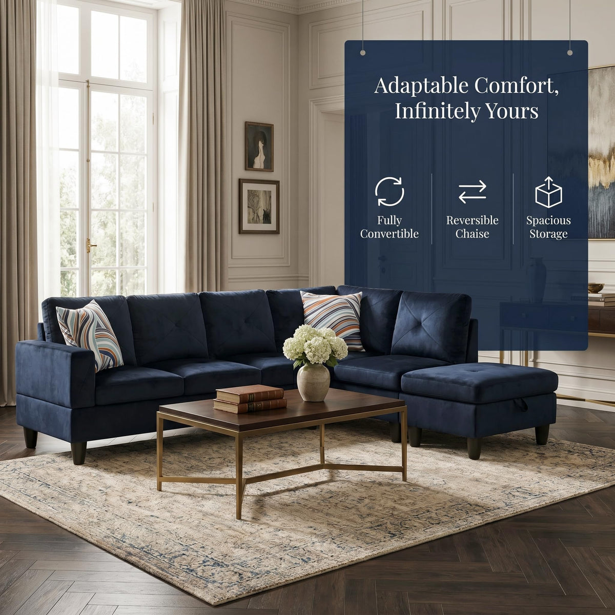 97.5" L-Shaped Modular Sectional Sofa with Movable Chaise & Storage Ottoman, 3 Piece Convertible Leather Couch, 4 Seat Gloss Black Living Room Furniture Set for Apartment Home Office