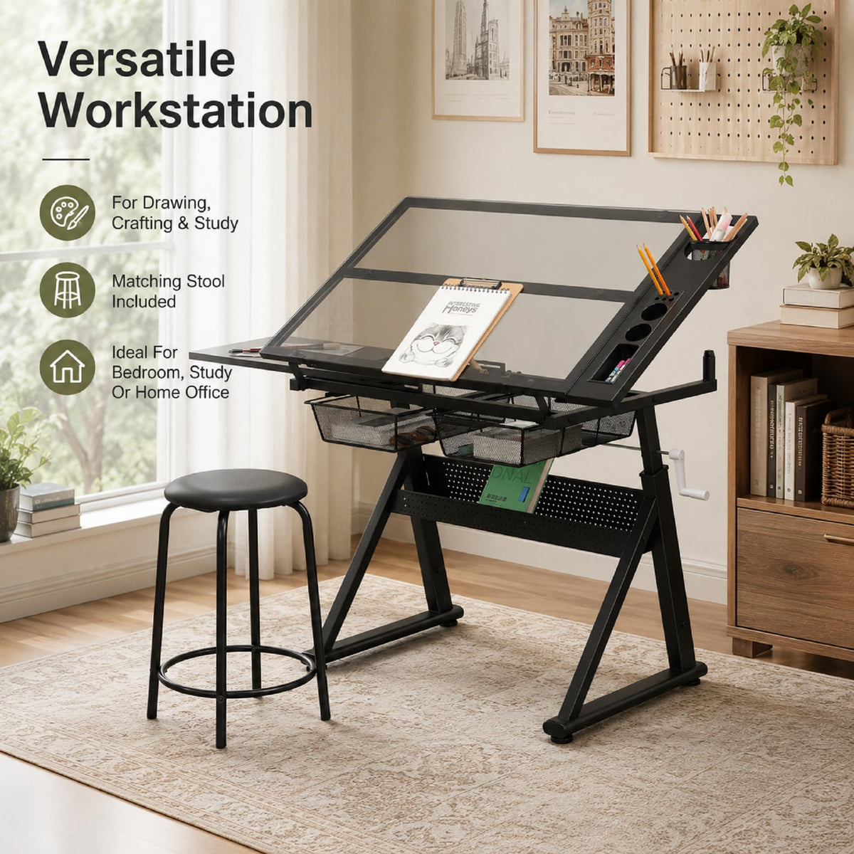 Drafting Table with Storage and Stool, Glass Art Desk for Adults Adjustable Height with 2 Metal Drawers, Craft Drawing Table Artist Desk with Extra Desktop for Reading/Writing/Studying (Black)