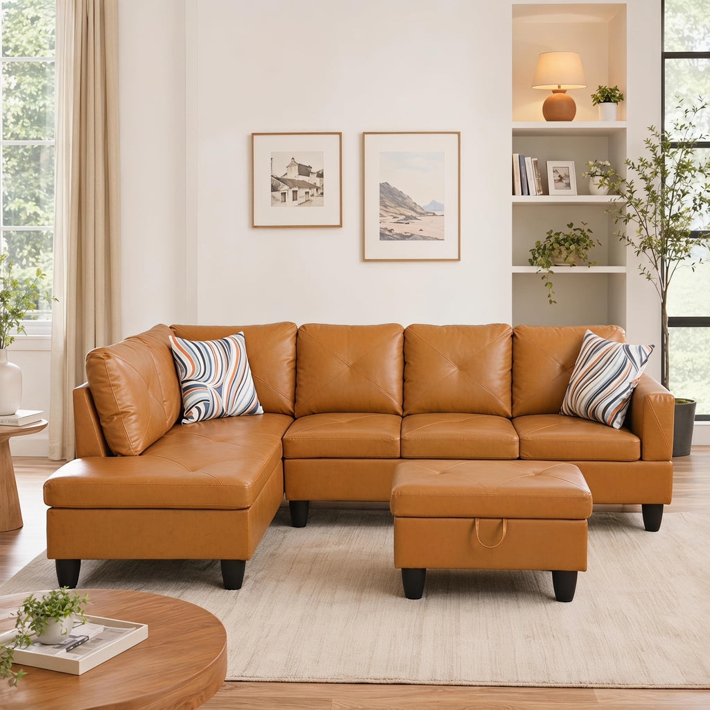 97.5" Leather L Shaped Couch with Left Chaise & Cup Holder, Sectional Sofas Modular Furniture Set with Storage Ottoman, Convertible Couches for Living Room, Office & Small Space (Black)