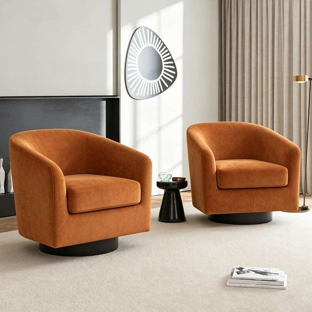 Faux Leather Swivel Accent Chairs Set of 2, Barrel Armchair, Brown