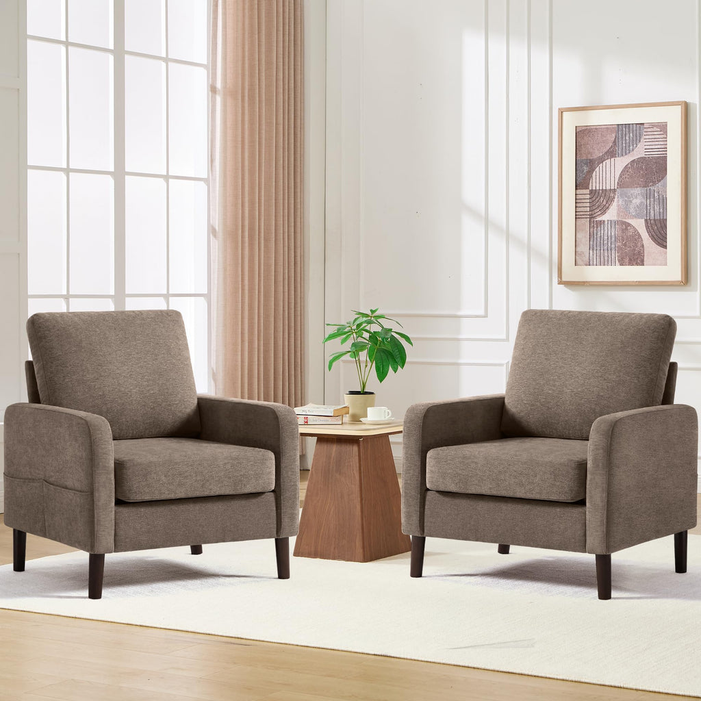 Accent Chair Set of 2, Upholstered Living Room Chairs with Wood Legs and Side Pockets, Modern Reading Chair for Bedroom, Armchair Single Sofa Side Chair for Office, Small Room, Dark Grey