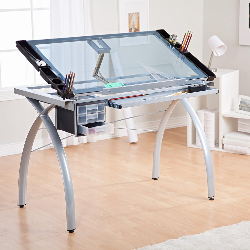 SD Studio Designs 10096 Futura Station with Folding Shelf Top Adjustable Drafting Craft Drawing Hobby Table Writing Studio Desk with Drawer, 35.5'' W x 23.75'' D, White/Clear Glass