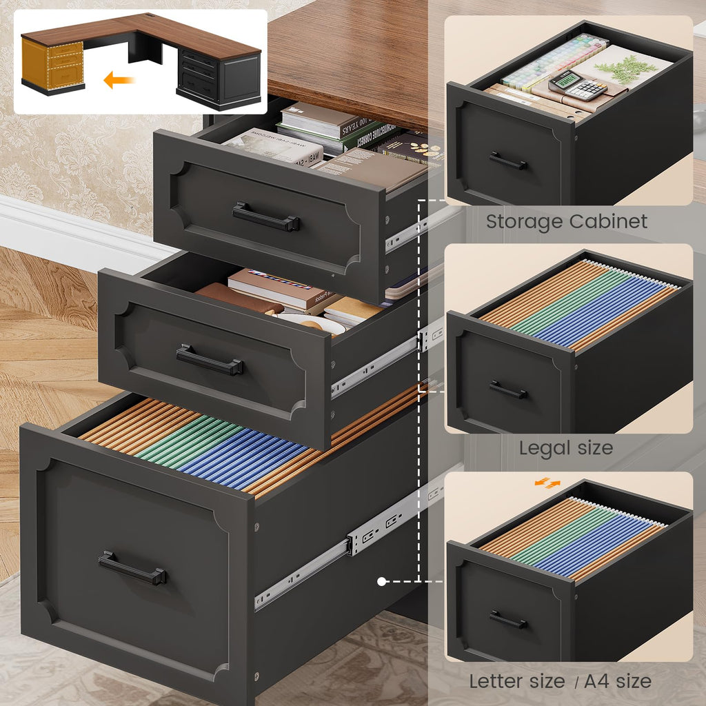 SEDETA Farmhouse 70.9" Executive Desk, Home Office Desk with File Drawers and Storage Cabinet, Computer Desk with Power Outlet for Home Office, Work Study Writing, Black+Brown