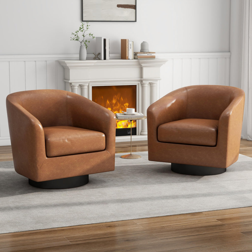 Faux Leather Swivel Accent Chairs Set of 2, Barrel Armchair, Brown