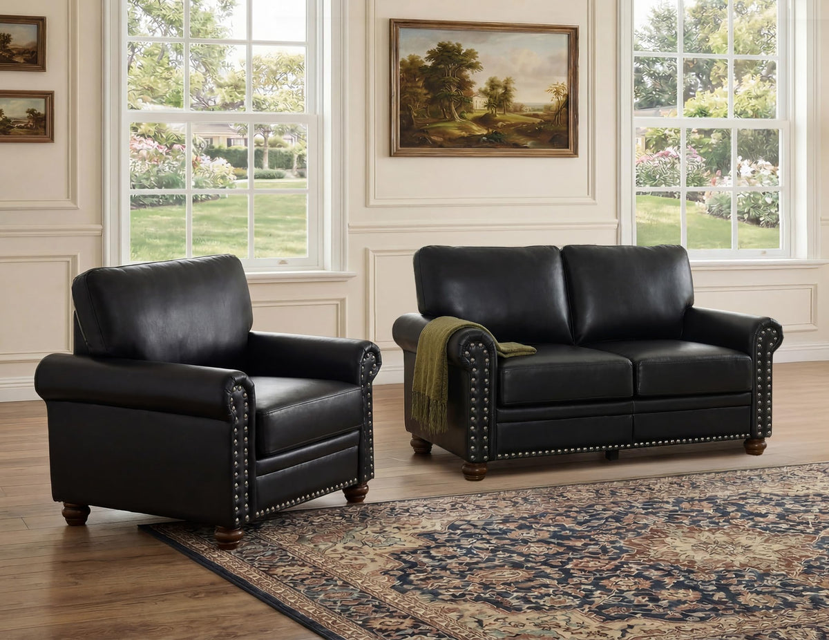 2 Piece Couch Sets for Living Room,Mid Century Modern Couch with Storage Nailhead Trim & Rolled Armrests,Deep Seat Comfy Couch,Furniture Set for Living Room,Bedroom,Office(Navy Blue,Loveseat+3 Seater)