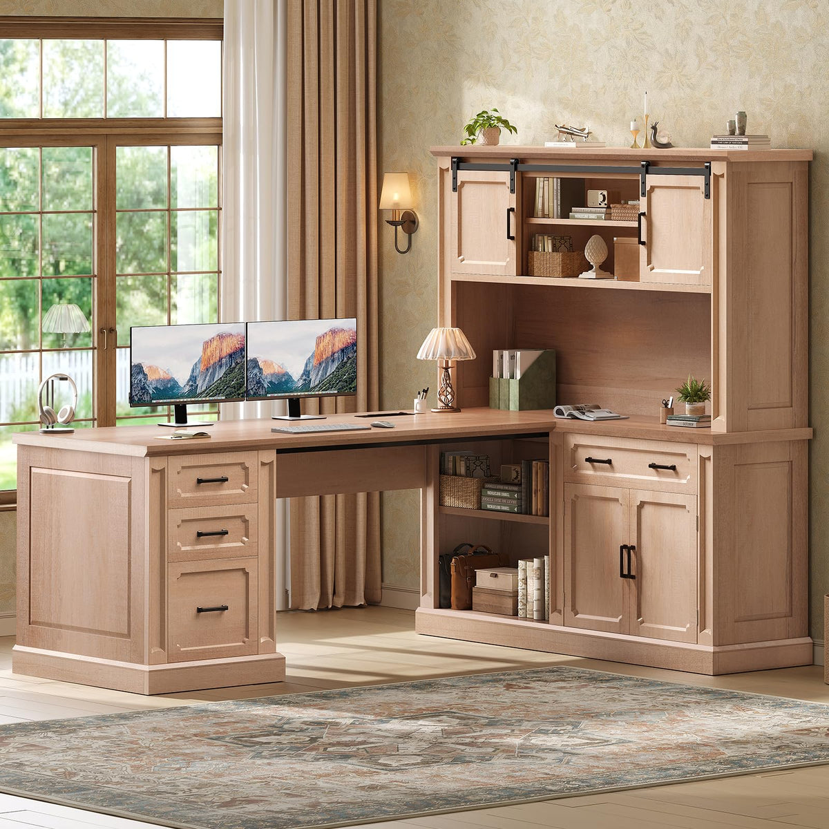 SEDETA Farmhouse 70.9" Executive Desk, Home Office Desk with File Drawers and Storage Cabinet, Computer Desk with Power Outlet for Home Office, Work Study Writing, Black+Brown