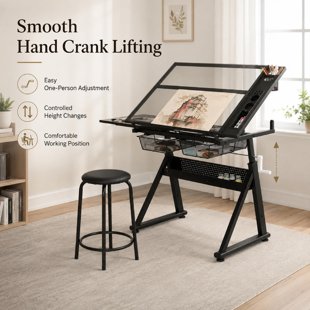 Drafting Table with Storage and Stool, Glass Art Desk for Adults Adjustable Height with 2 Metal Drawers, Craft Drawing Table Artist Desk with Extra Desktop for Reading/Writing/Studying (Black)