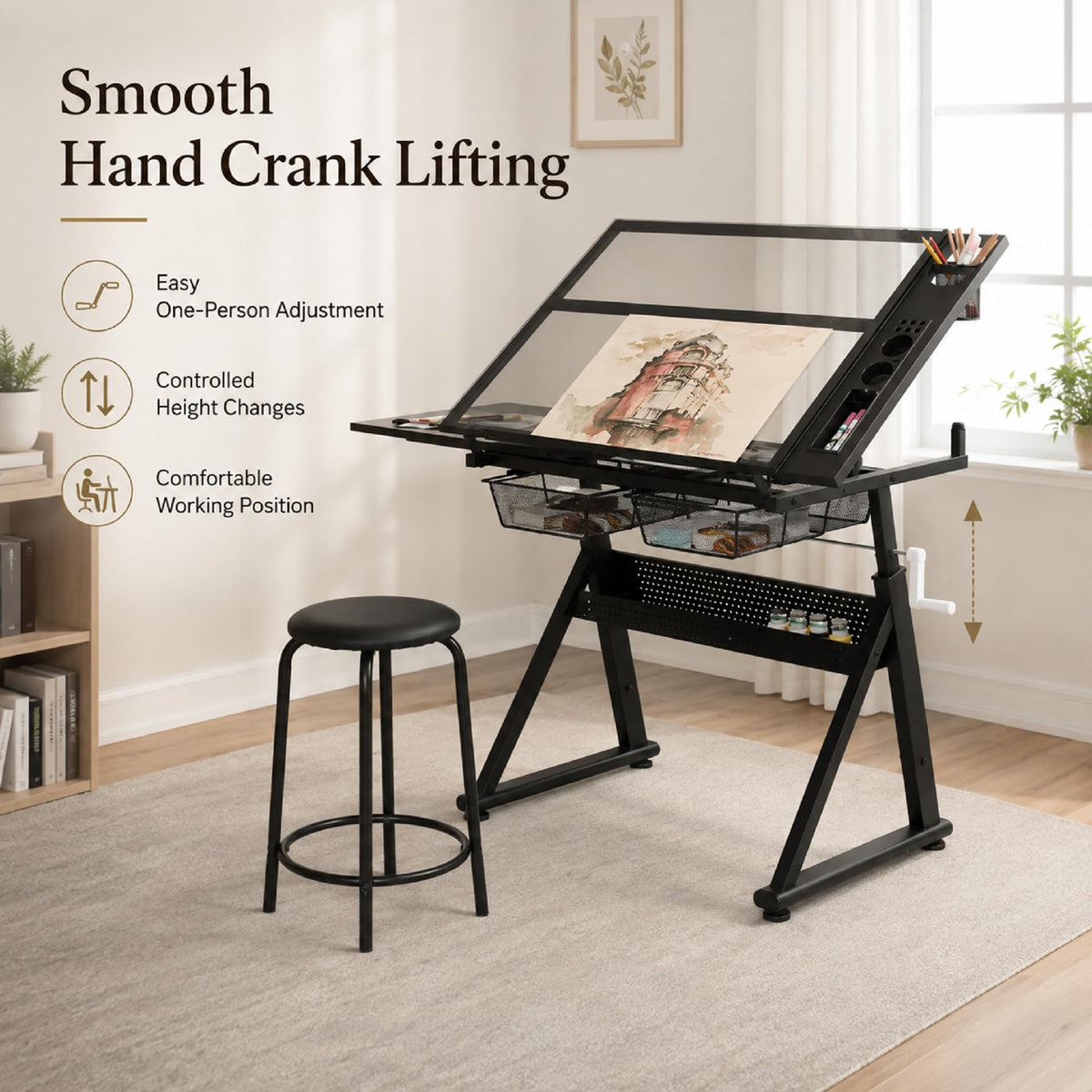 Drafting Table with Storage and Stool, Glass Art Desk for Adults Adjustable Height with 2 Metal Drawers, Craft Drawing Table Artist Desk with Extra Desktop for Reading/Writing/Studying (Black)