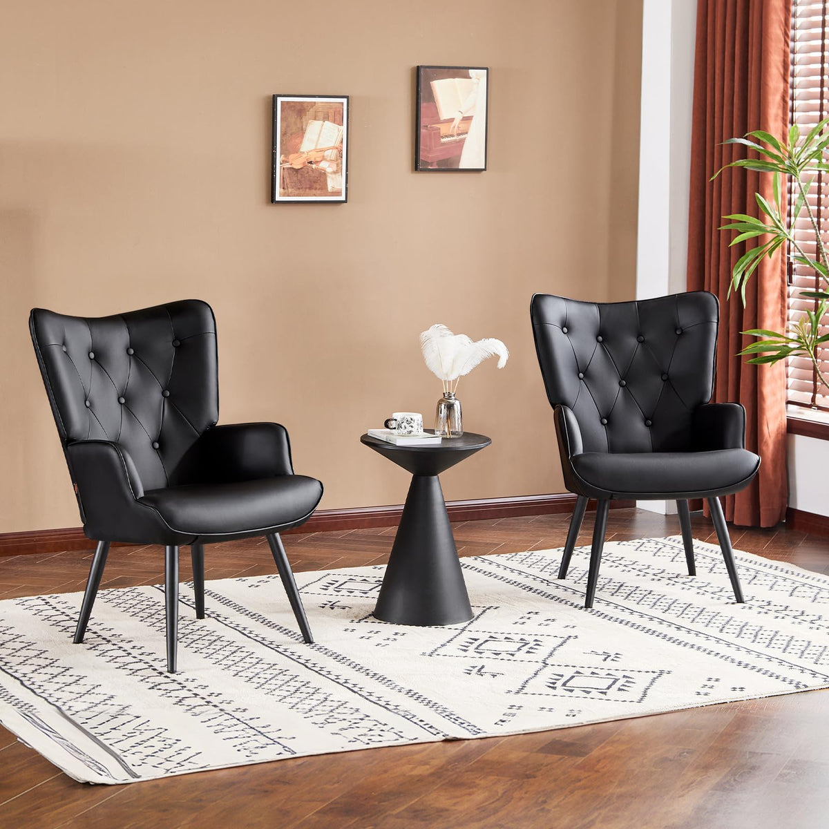 Furniliving PU Leather Accent Chair for Living Room, Upholstered Reading Chair with High Backrest, Tufted-Button Wingback Armchair for Bedroom, Dressing Room, Home Office, Brown, Set of 2