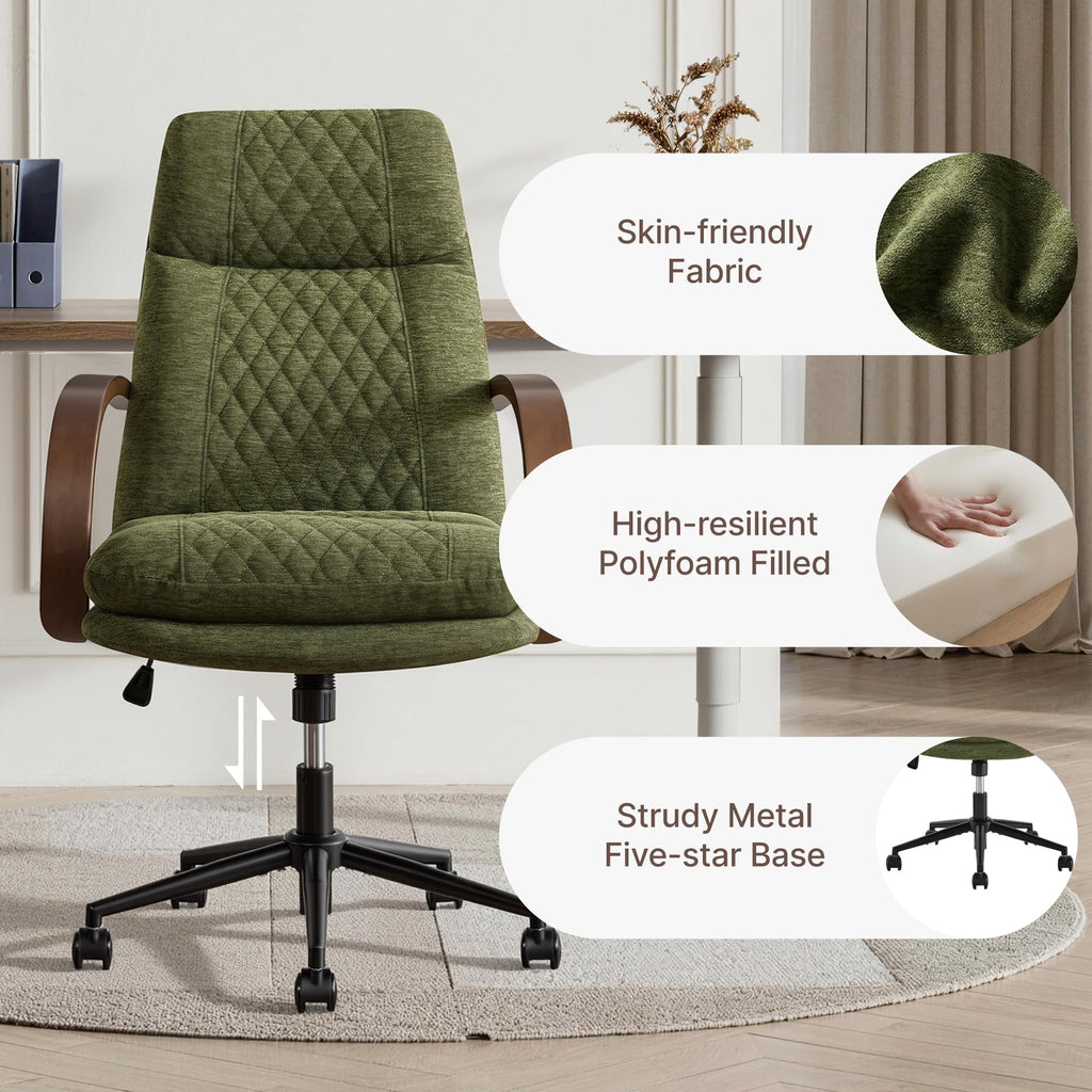 KISLOT Home Office Desk Chair, Ergonomic Office Chair with Lumbar Support, Adjustable Swivel Computer Chair with Wheels, Faux Leather Executive Task Chair with Wood Arms, Set of 2, Brown