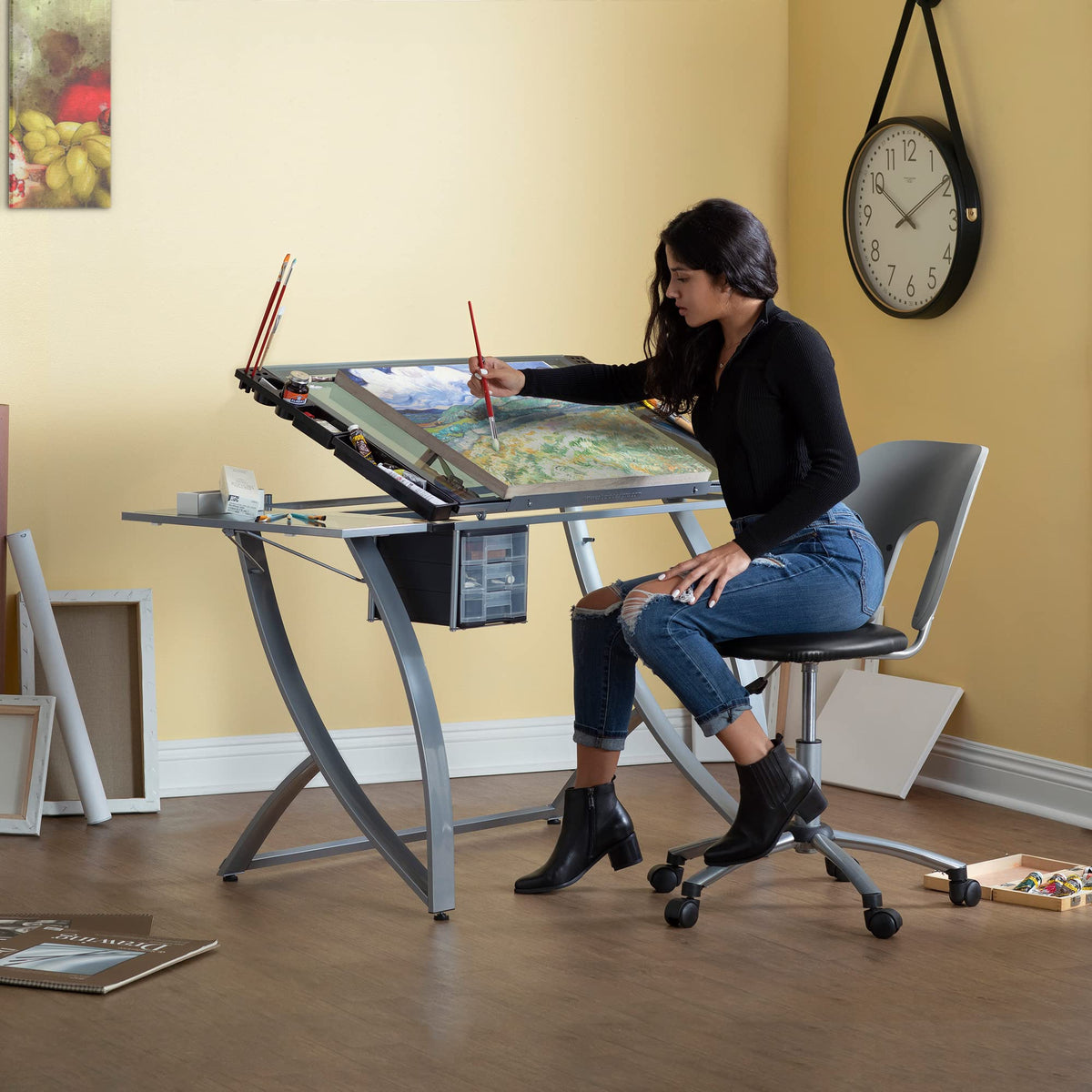 SD STUDIO DESIGNS Futura Luxe Drawing, Drafting, Craft Table with Drawer, 35" Wide Angle Adjustable Top and Side Shelf, Pewter Grey/Clear Glass