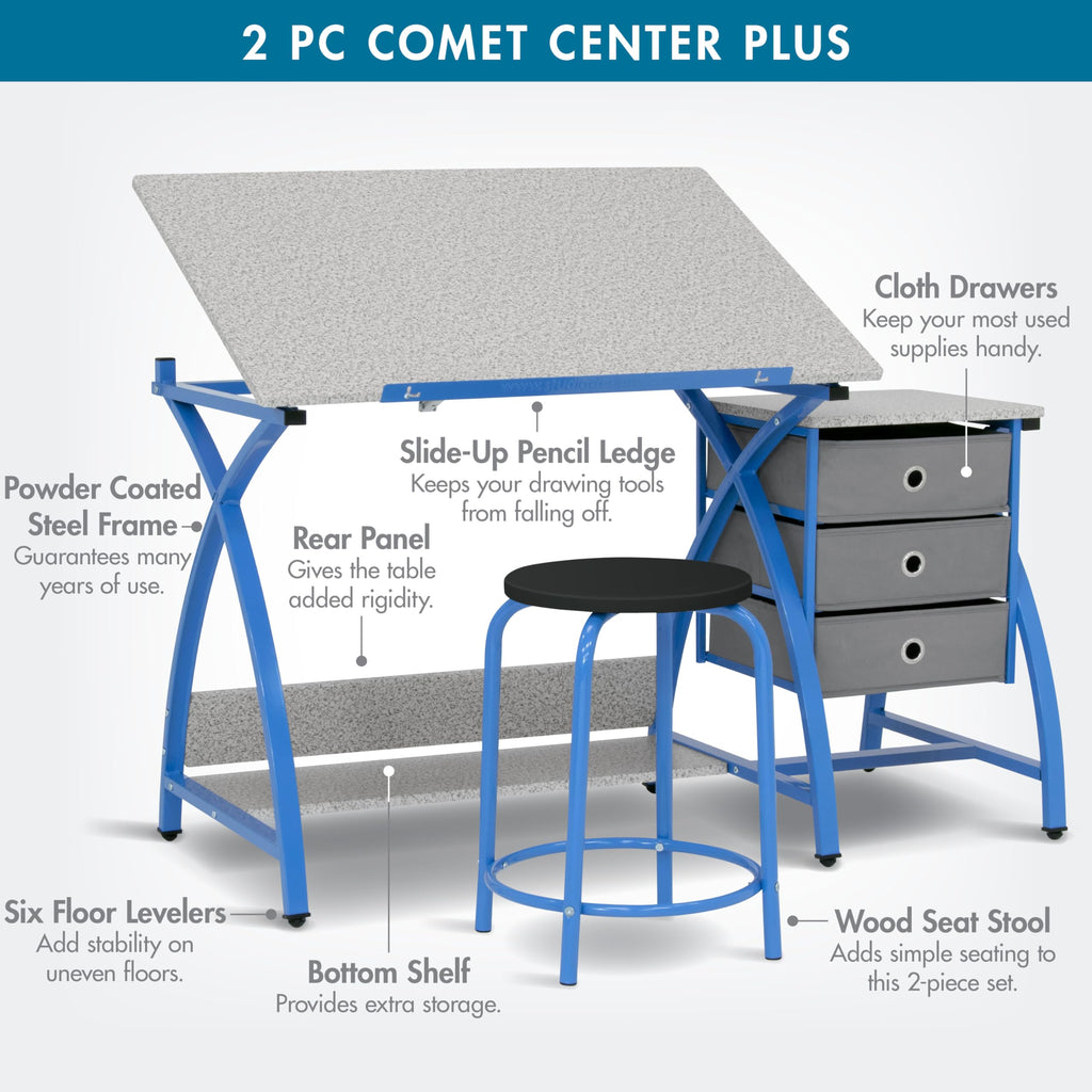 SD Studio Designs 2 Piece Comet Center Plus, Craft Table and Matching Stool Set with Storage and Adjustable Top, Silver/Black