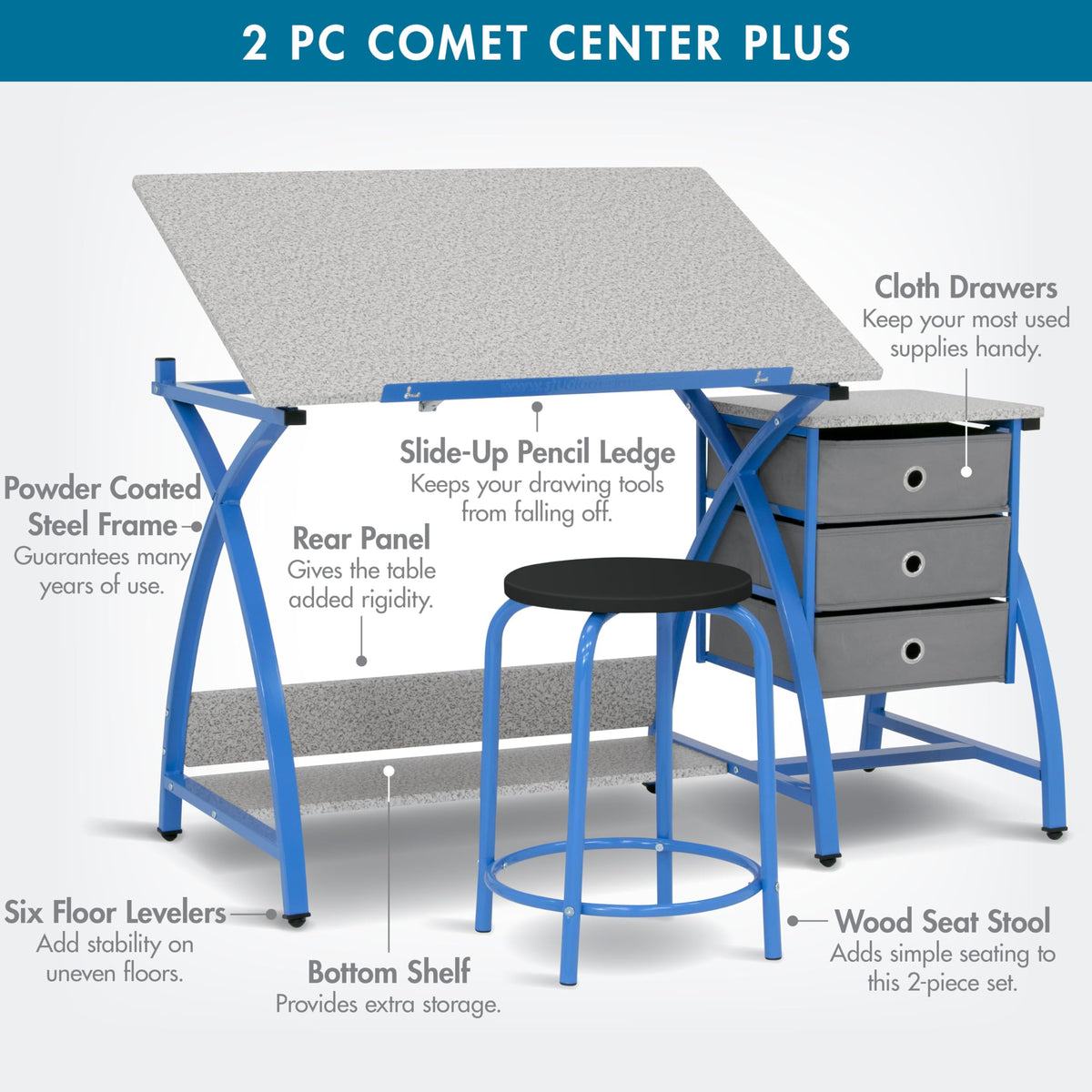 SD Studio Designs 2 Piece Comet Center Plus, Craft Table and Matching Stool Set with Storage and Adjustable Top, Silver/Black