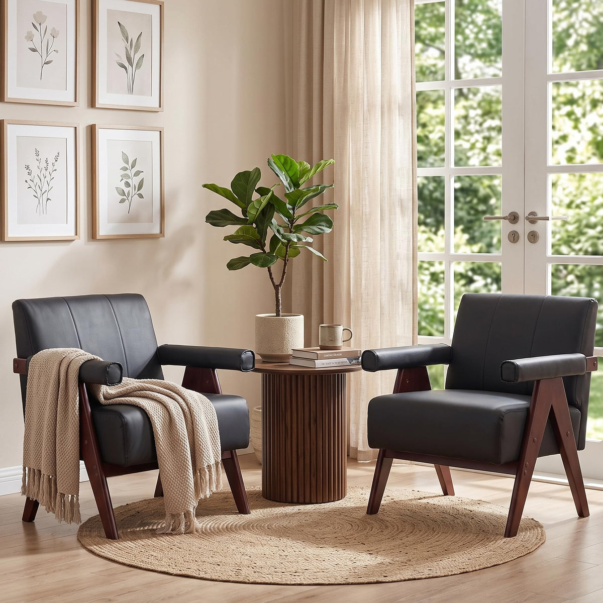 JIASTING Mid Century Modern Accent Chair Set of 2, Black Leather Armchair
