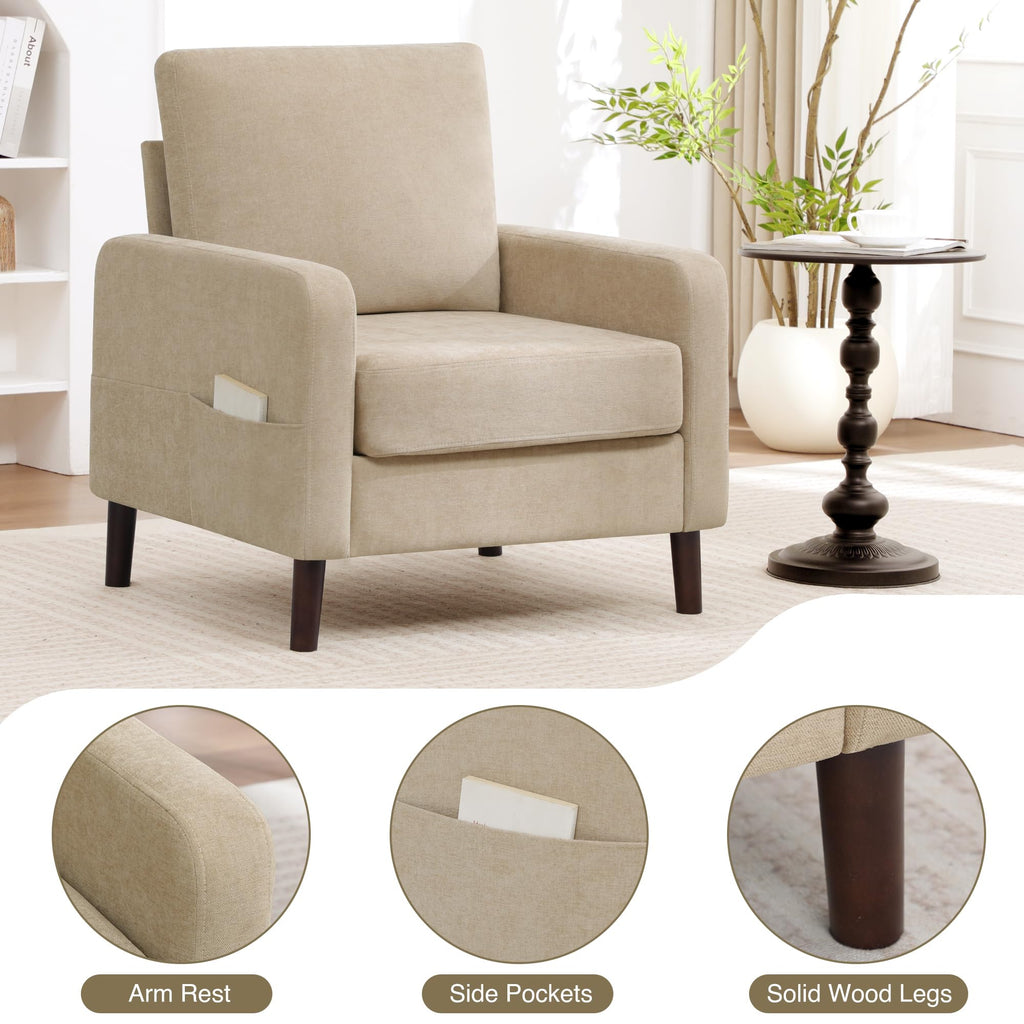 Accent Chair Set of 2, Upholstered Living Room Chairs with Wood Legs and Side Pockets, Modern Reading Chair for Bedroom, Armchair Single Sofa Side Chair for Office, Small Room, Dark Grey