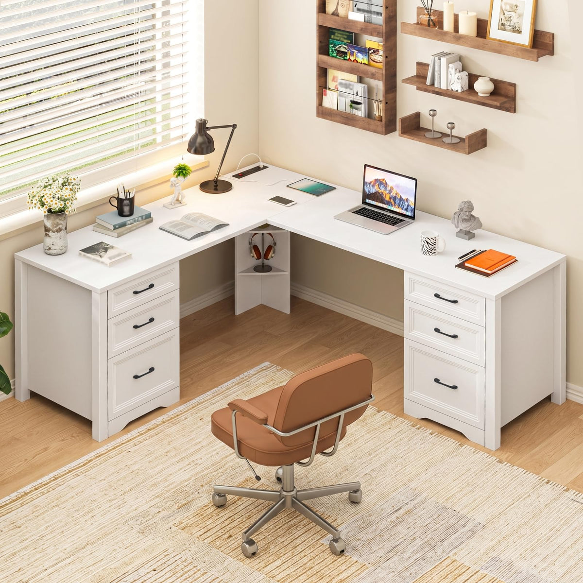 Halitaa Farmhouse Home Office Desk with 6 Drawers, L Shaped Executive Desk with Power Outlets and Triangle Under-Desk Storage Shelf & Drawer File Cabinet, Corner Computer Desk, Grey