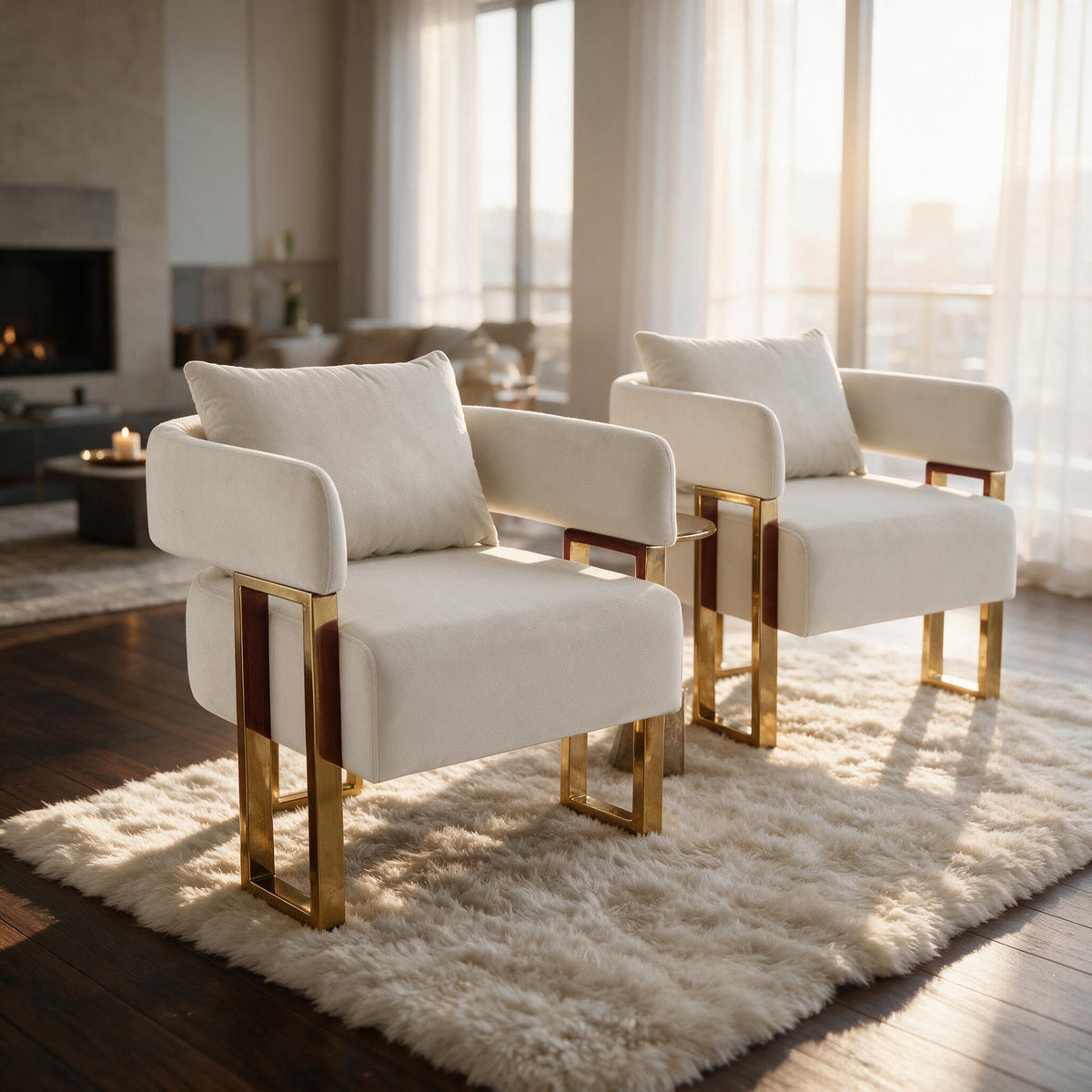 YISHENG Modern Barrel Accent Chairs Set of 2, Living Room Side Chairs with Golden Metal Legs Soft Upholstered Reading Armchairs no Wheels for Vanity/Reception Room//Bedroom/Lounge/Office,Black Teddy