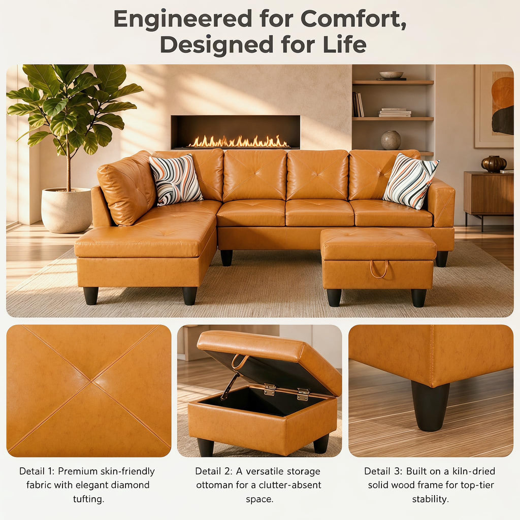 97.5" Leather L Shaped Couch with Left Chaise & Cup Holder, Sectional Sofas Modular Furniture Set with Storage Ottoman, Convertible Couches for Living Room, Office & Small Space (Black)