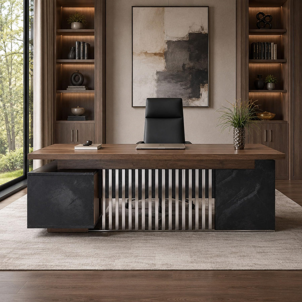 78.7 Inch Large Executive Desk with Drawers Cabinet, L Shaped Office Desk, Computer Desk with Universal Charging Ports and Cable Management for Business Furniture Set Workstation for Home Office