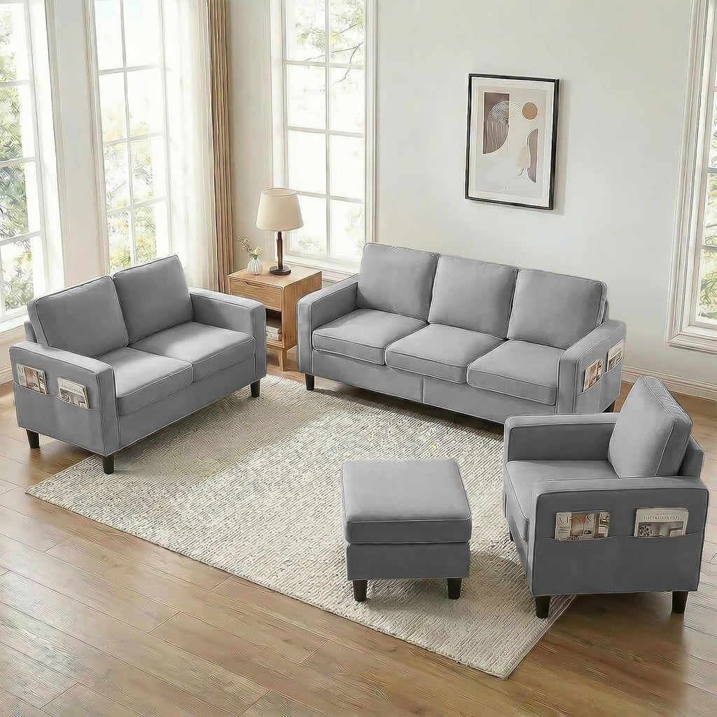 Mjkone 78"W 3 Pieces Sofa Couches Set for Living Room Sets Furniture, Sectional L Shaped 3-Seater Small Sofas Couch and Loveseat Sets with Storage Ottoman and Side Pockets for Home Office, Light Gray
