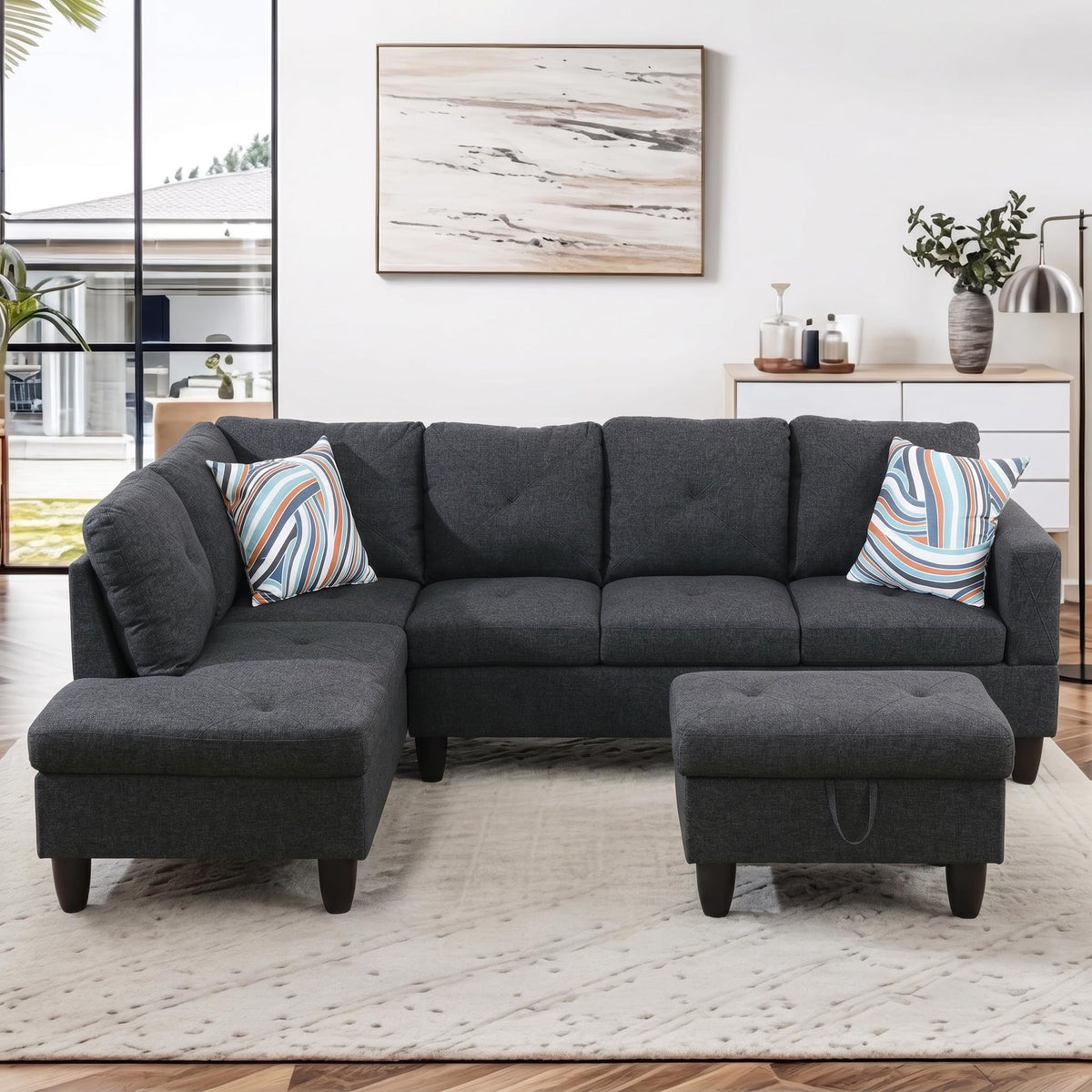 97.5" Leather L Shaped Couch with Left Chaise & Cup Holder, Sectional Sofas Modular Furniture Set with Storage Ottoman, Convertible Couches for Living Room, Office & Small Space (Black)